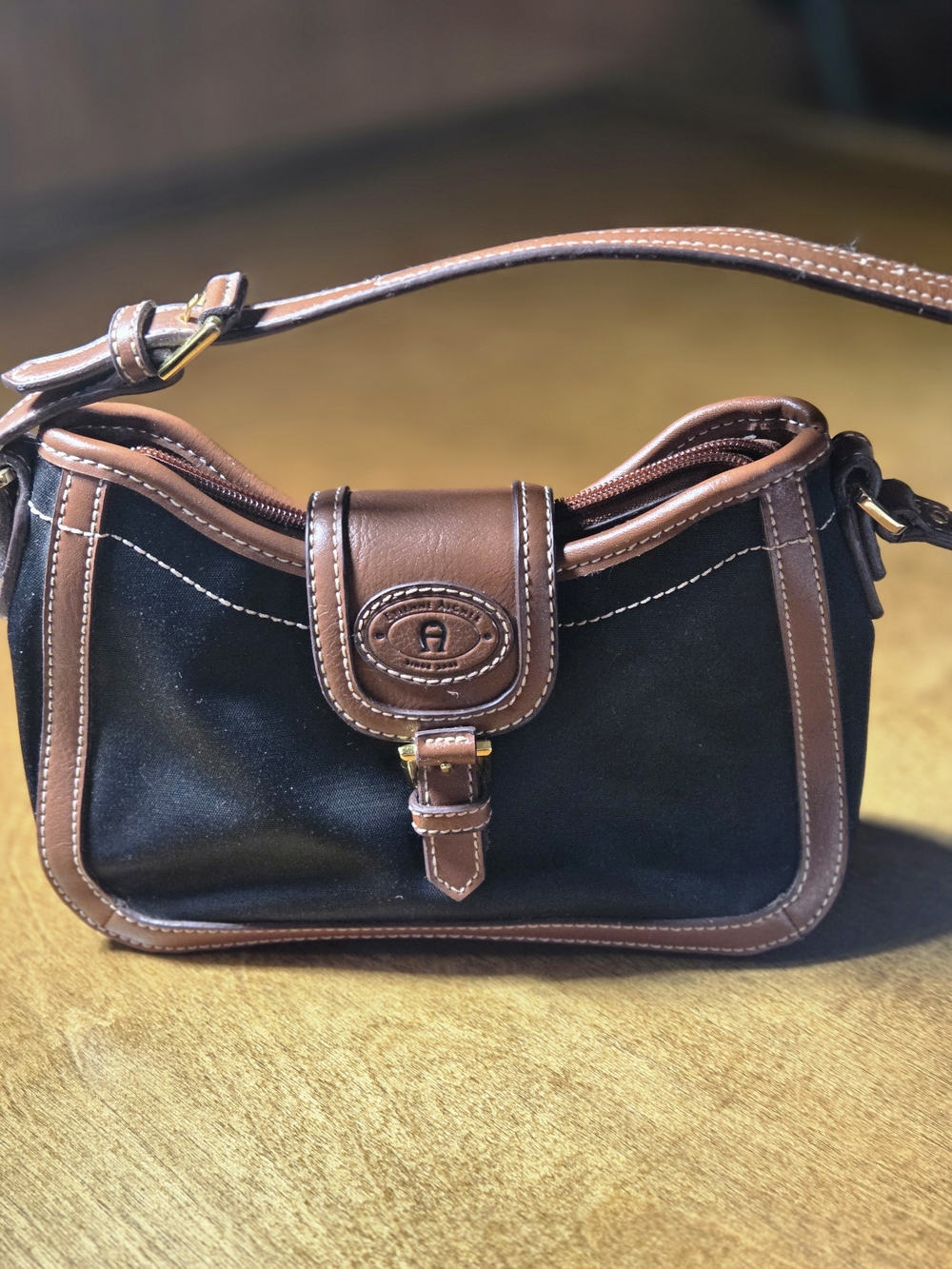Etienne Aigner Black Canvas Crossbody with Brown Leather Trim